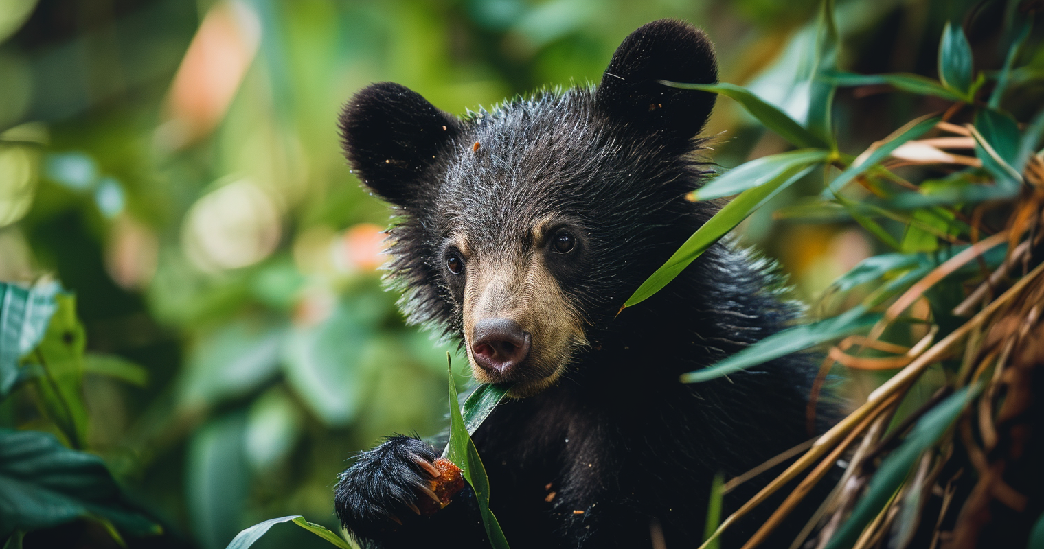 Cute baby bear enjoying donutholes in Kauai jungle.