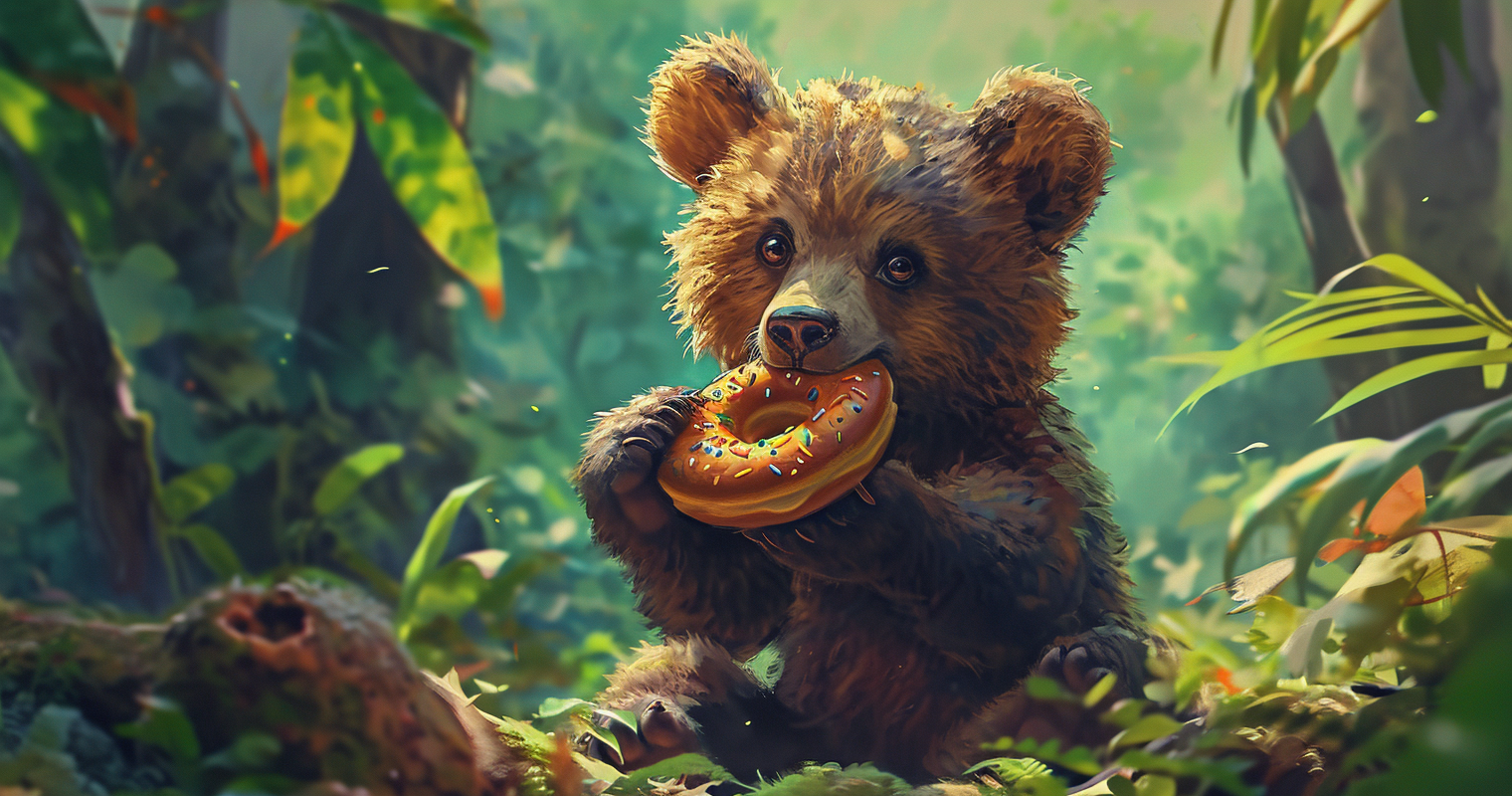 Baby bear enjoying malassada donuts in Kauai jungle