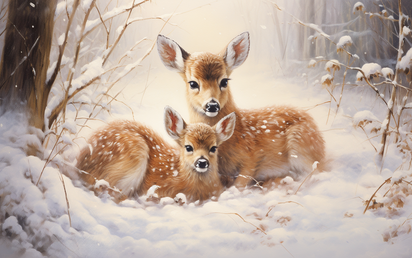 Two Cute Baby Deer in Snowy Christmas Painting