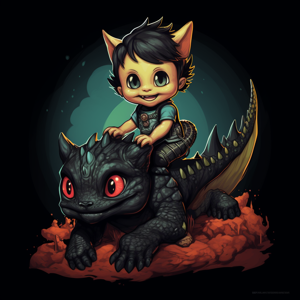 Cute baby dino riding black dino cat