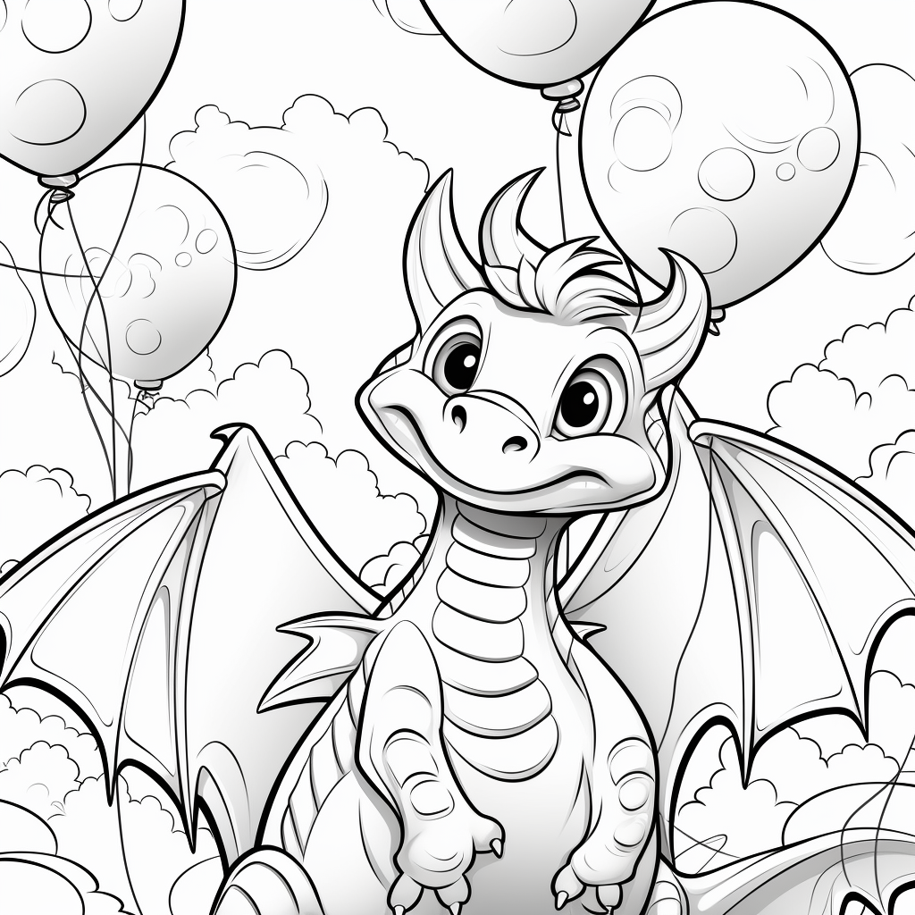 Baby dragon with colorful balloons