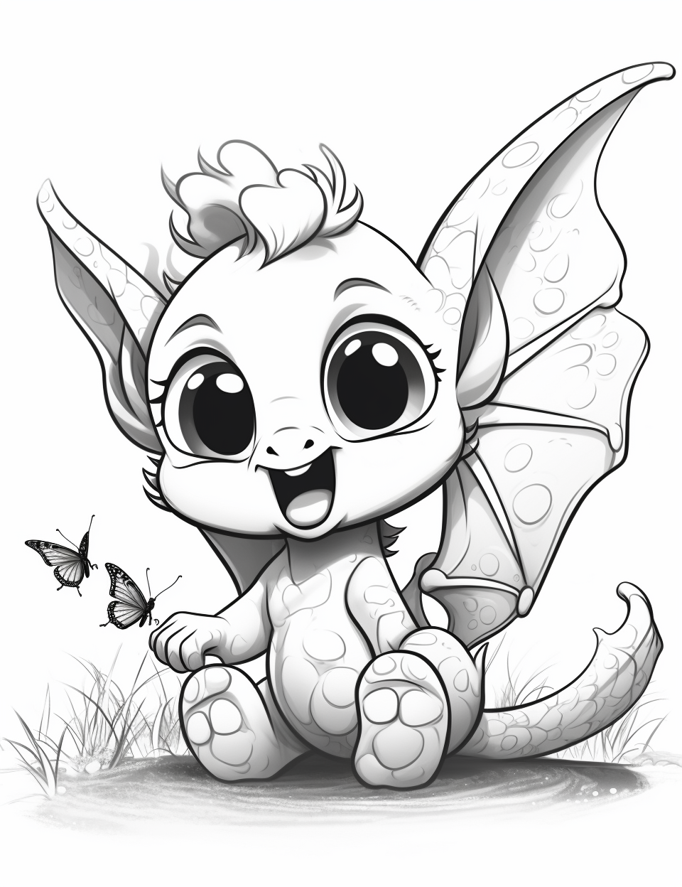 Cute baby dragon playing with butterfly