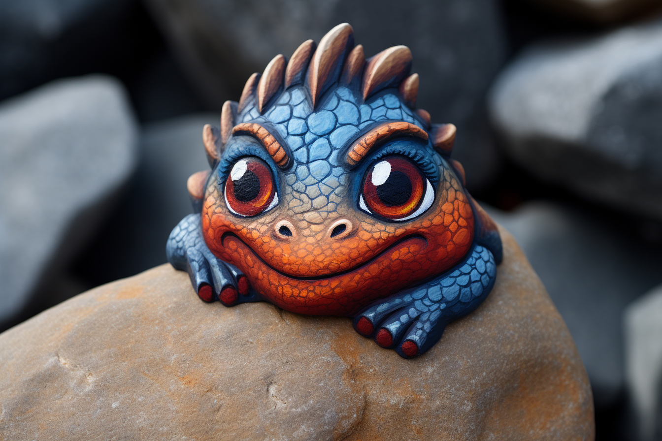 Close up of adorable baby dragon rock painting