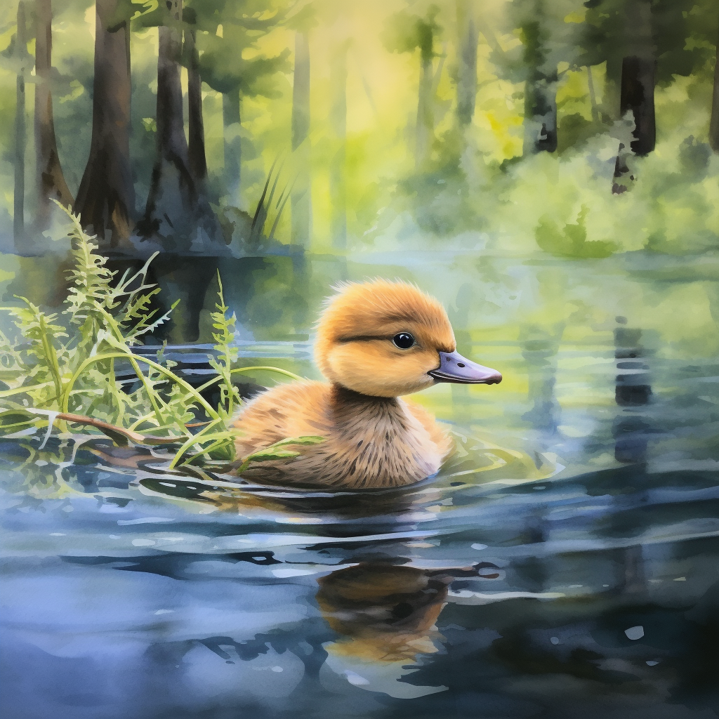 Yellow baby duckling in a pond surrounded by redwood trees