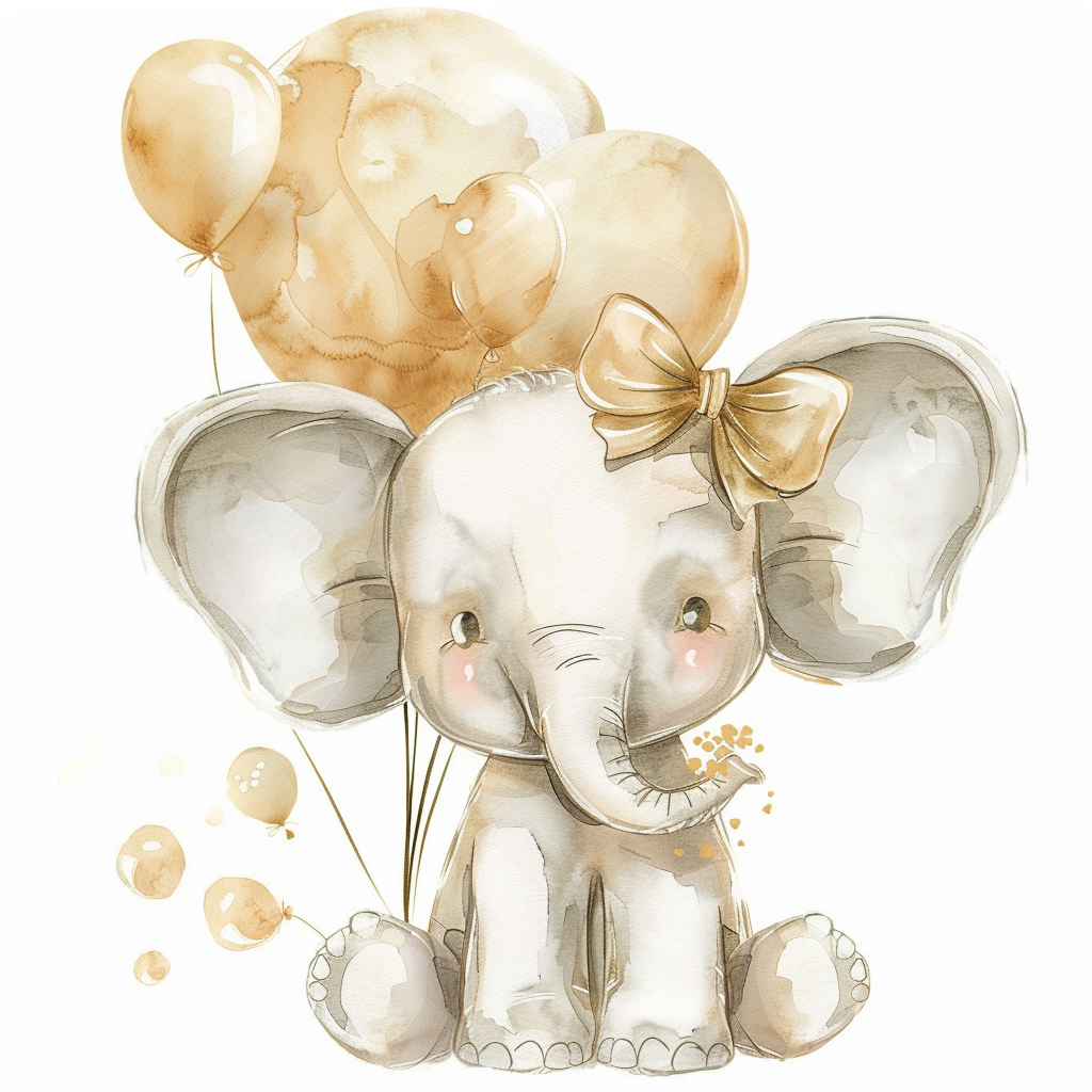 Baby elephant holding balloons and wearing bow