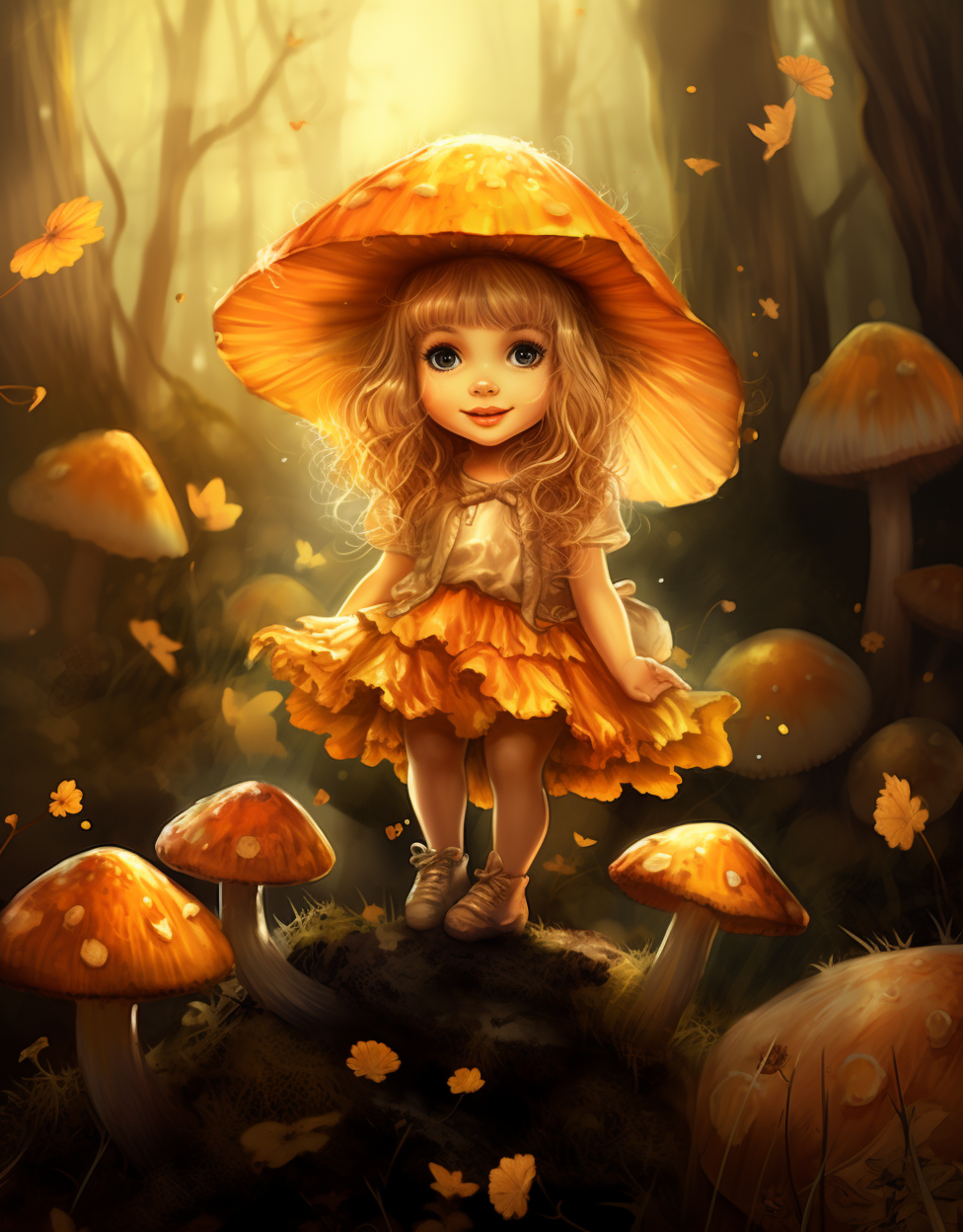 Baby fairy with mushroom wings in magical forest