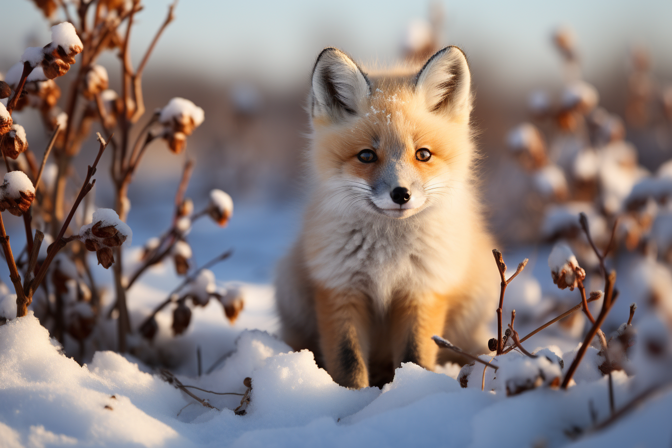 Adorable baby fox in snowy field