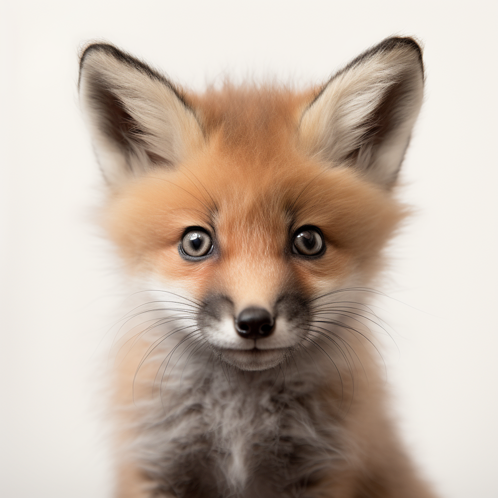 Cute baby fox on white grey background