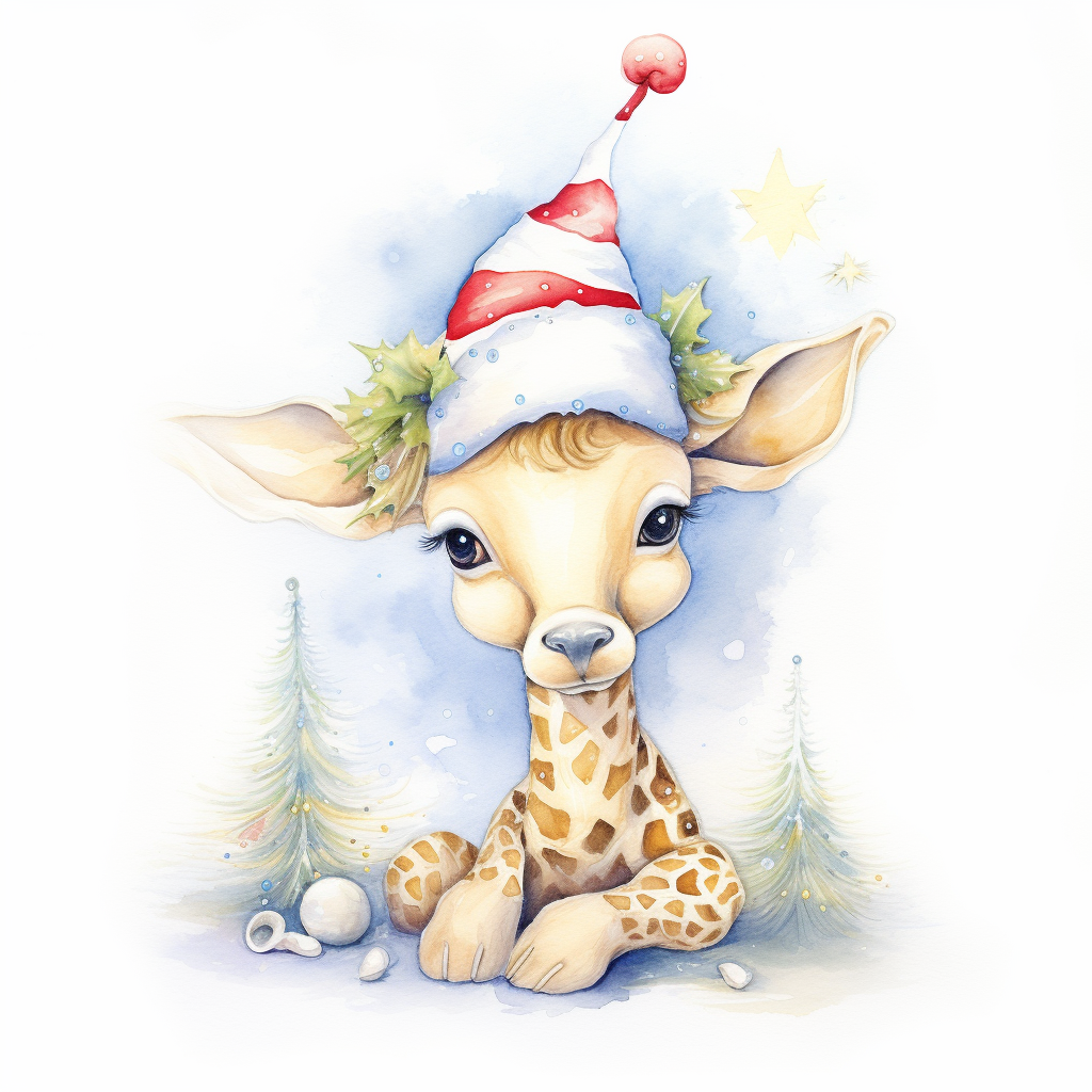 Adorable baby giraffe in Christmas hat