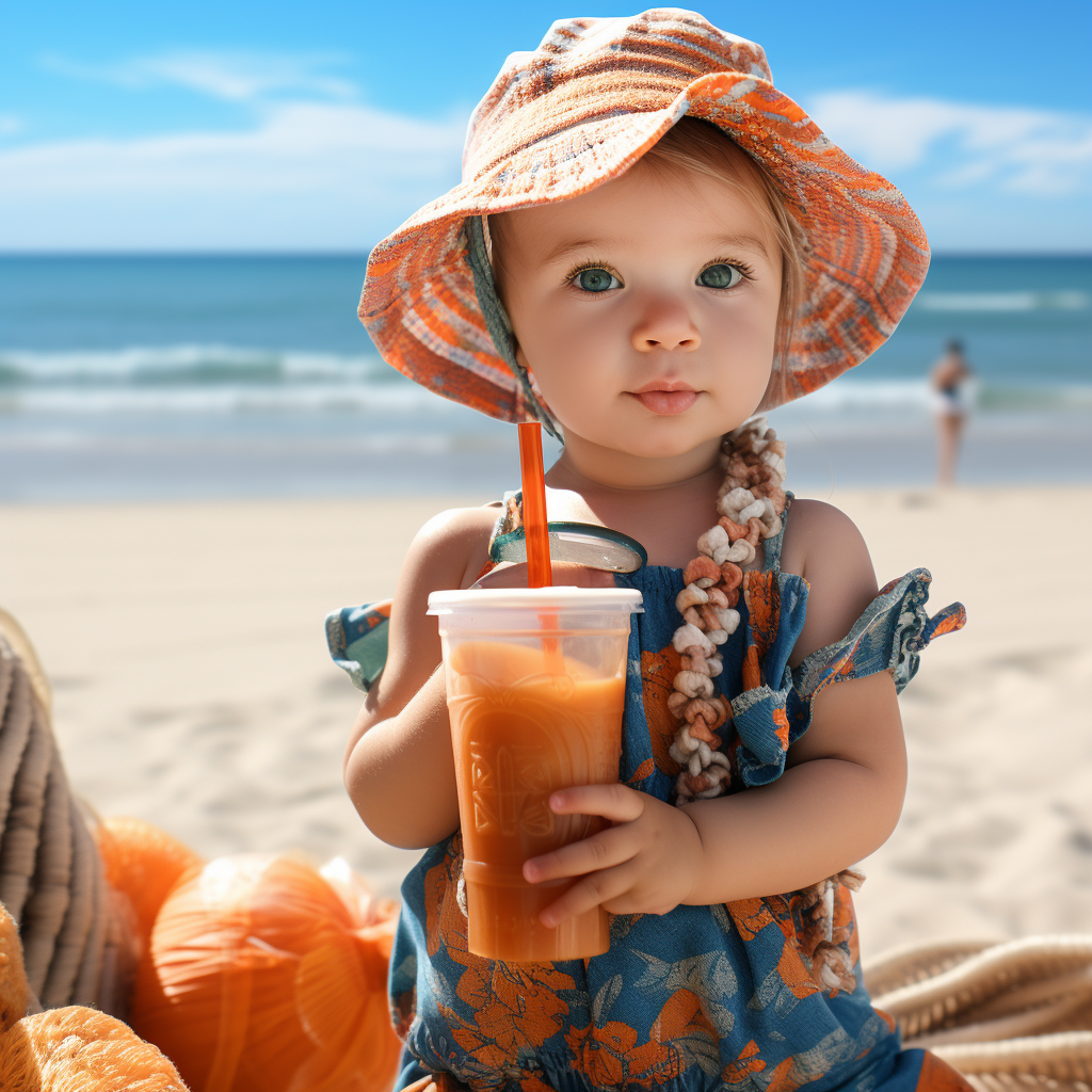 Cute baby girl in hula dancer outfit at the beach