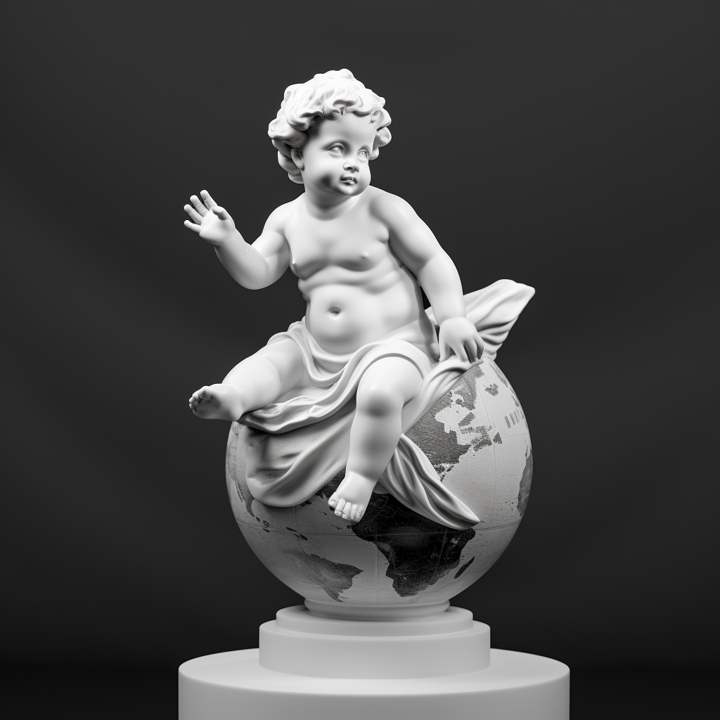 Baby Greek Angle Statue Sitting on Planet Earth in Space