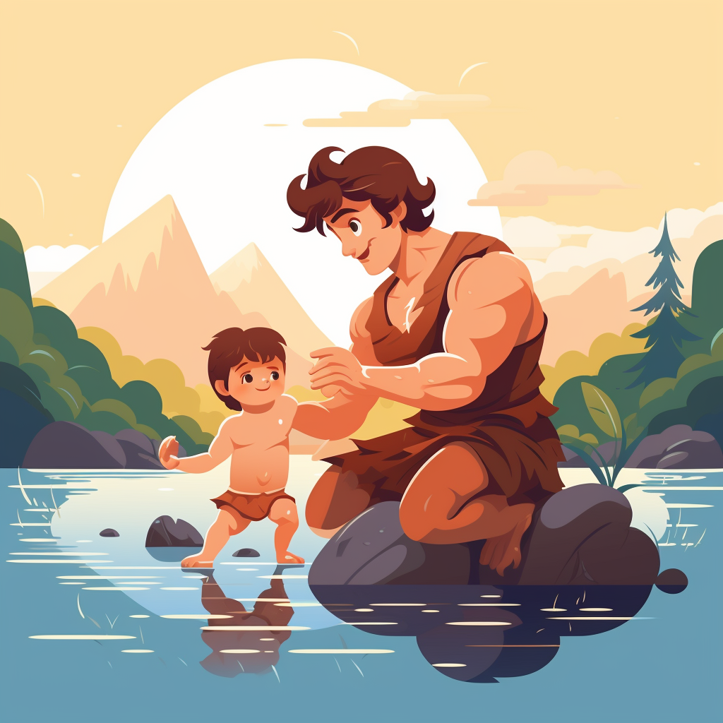 Baby Hercules wrestling river cute illustration