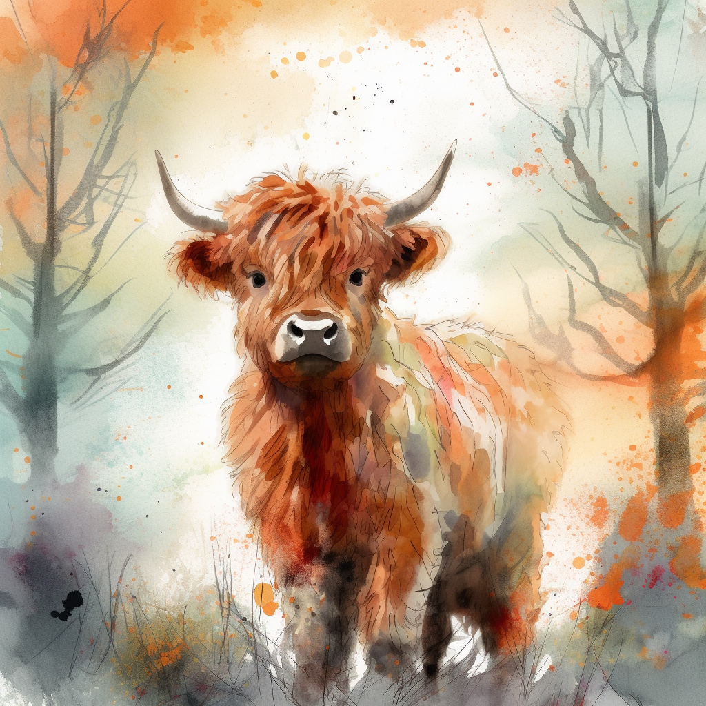 Adorable Baby Highland Cow in Watercolor