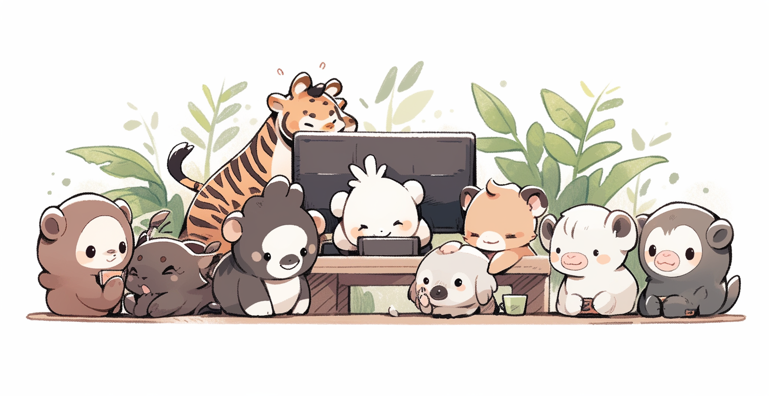 Cute baby jungle animals working in office