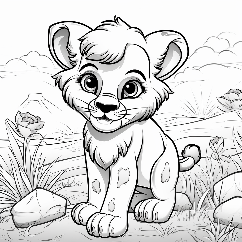 Cute baby lion playing coloring page