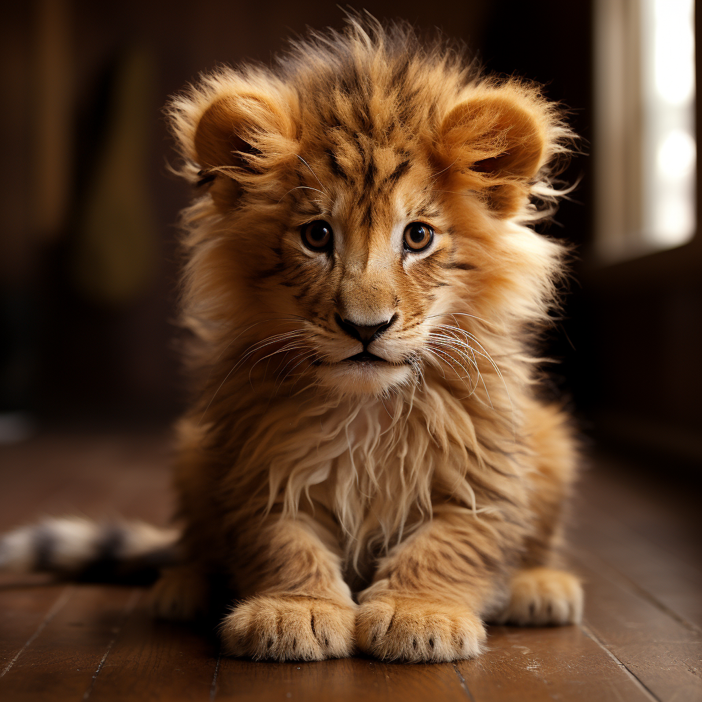 Sad baby lion with full mane and dark stripes