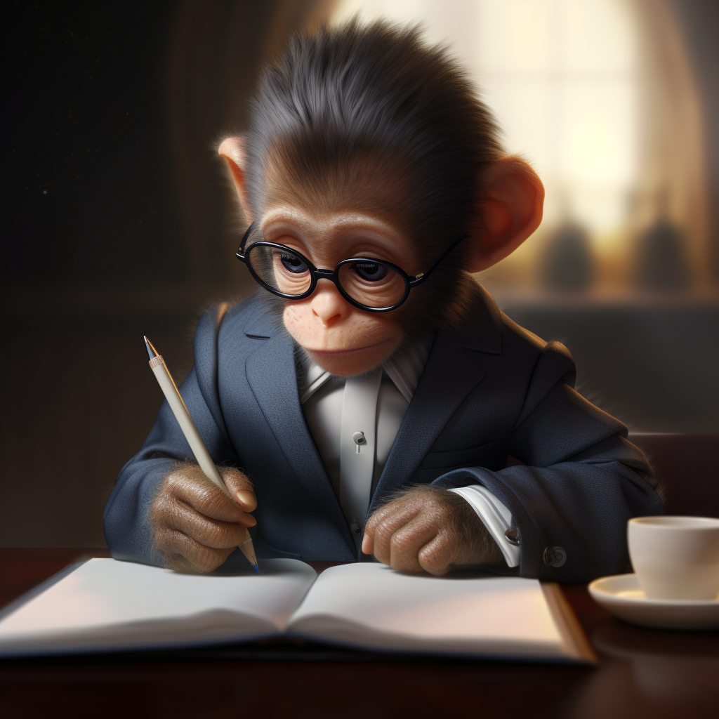 Cute baby monkey in a suit writing