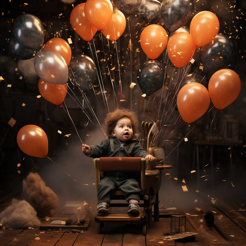 Baby musician with black balloons