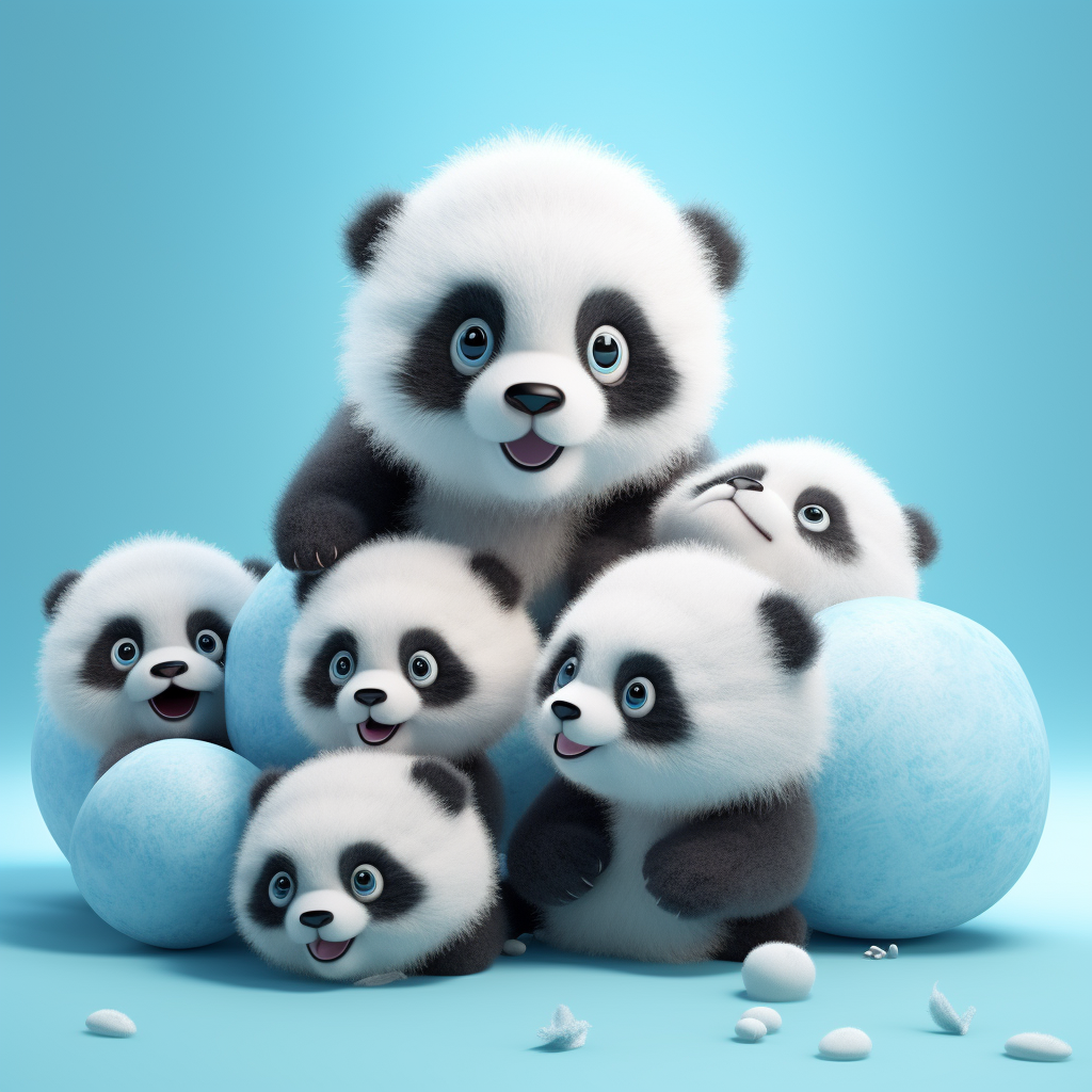 Cute baby panda surrounded by smaller pandas and coconuts