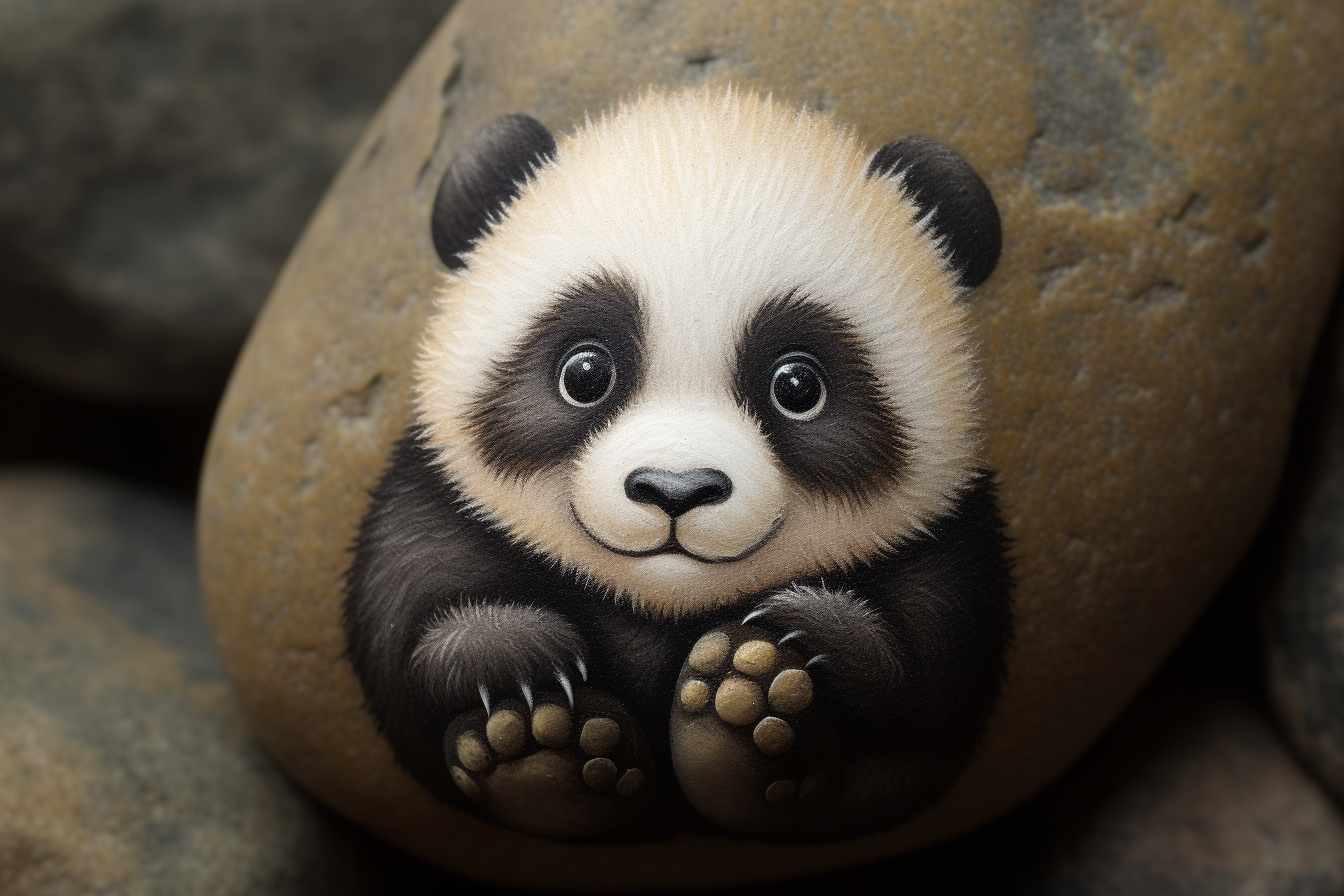 Close-up of adorable baby panda rock painting