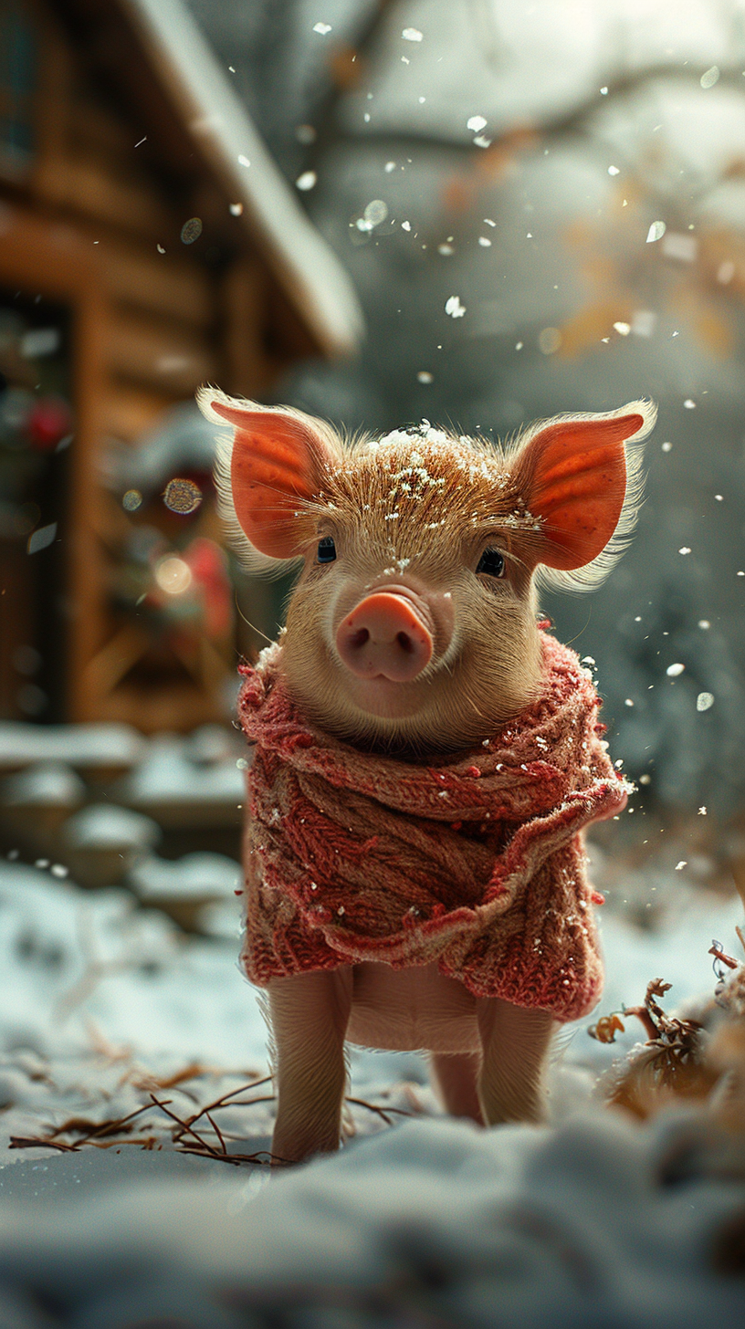 Baby Piglet in Snowy Winter Scene