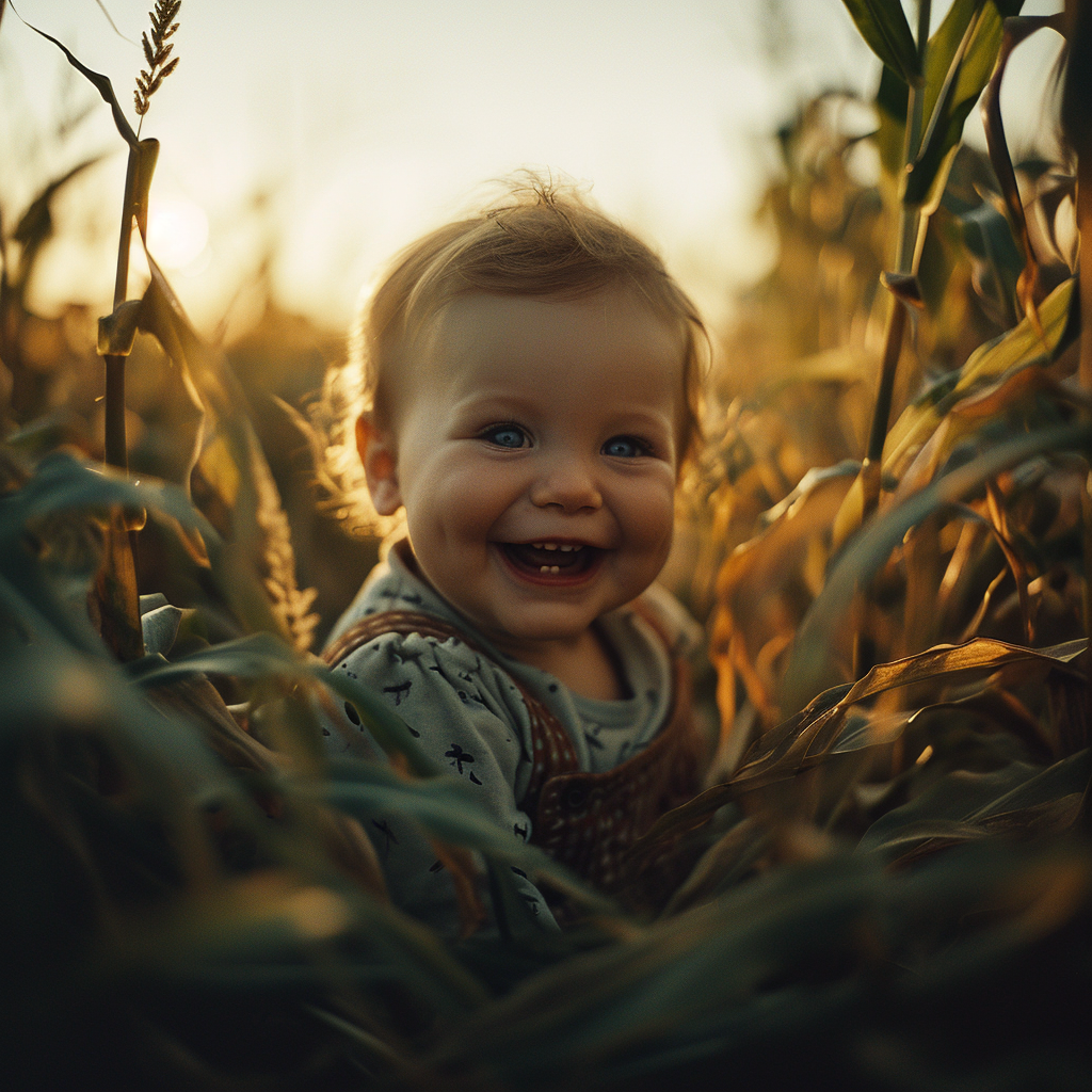 Cute baby playing in a corn field