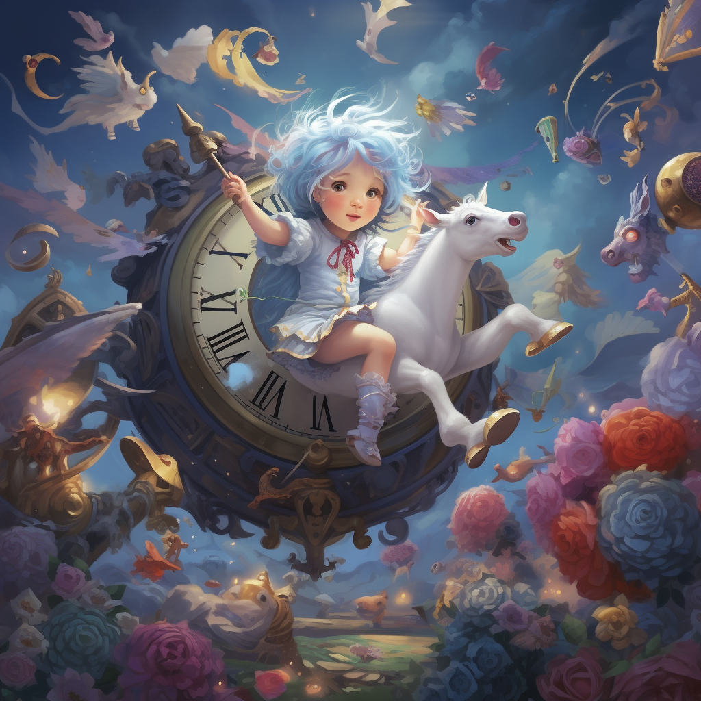 Baby playing with watch on giant pillow with fairies and unicorns