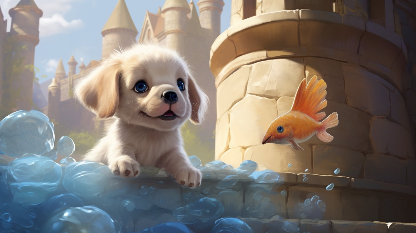 Baby puppy playing with fish in Disney castle