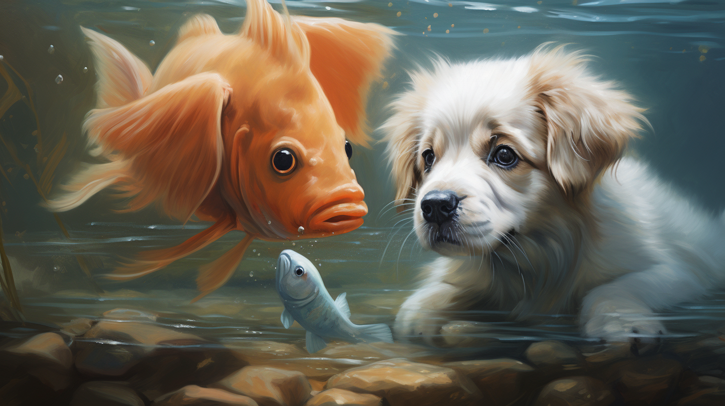 Cute baby puppy playing with a huge fish