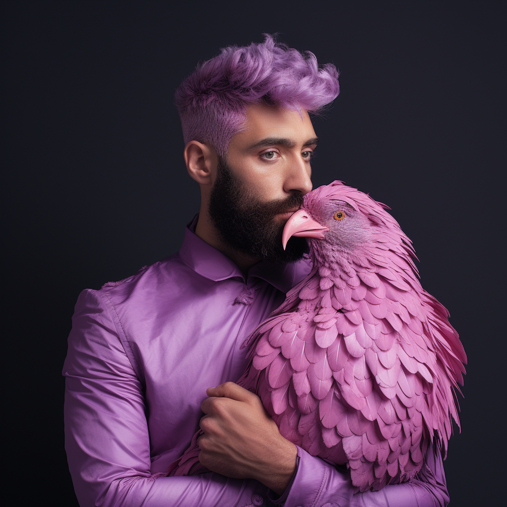 Man transforming into cute purple bird