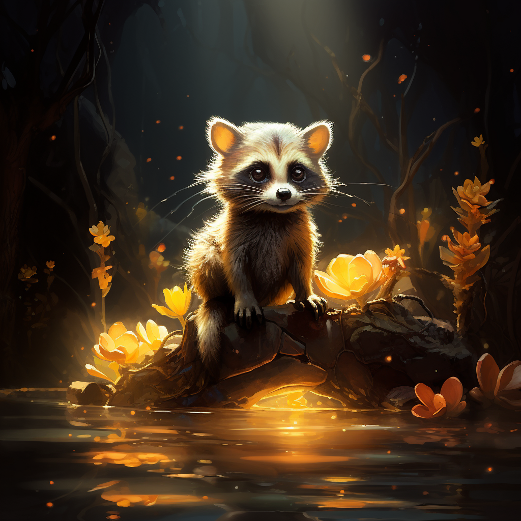 Cute baby raccoon sitting in tree with golden shrimp