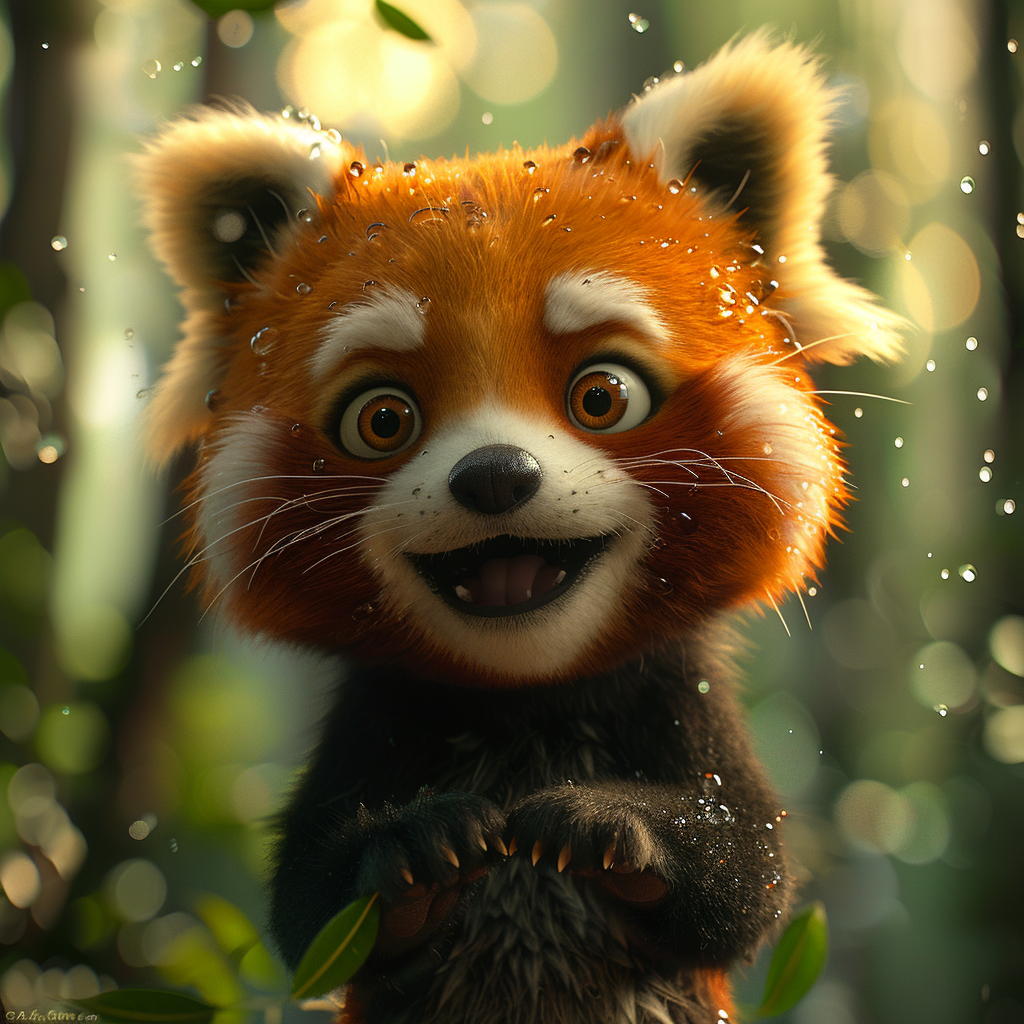 Cute baby red panda in rain forest