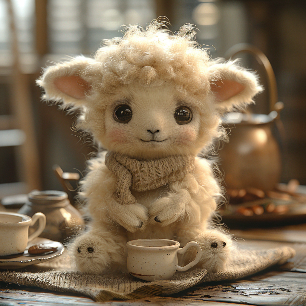 Cute baby sheep having coffee