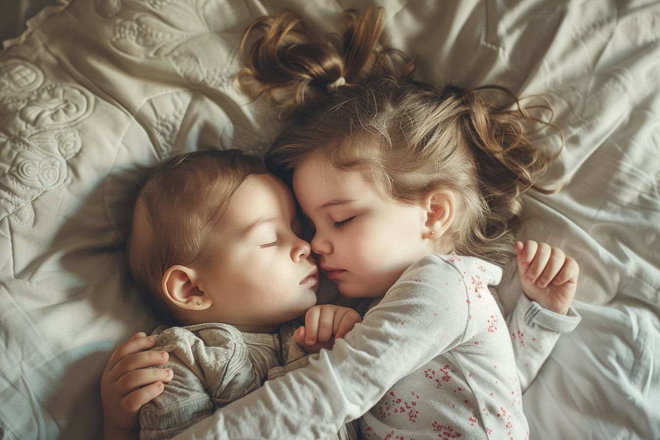 Toddler hugging newborn sibling bed