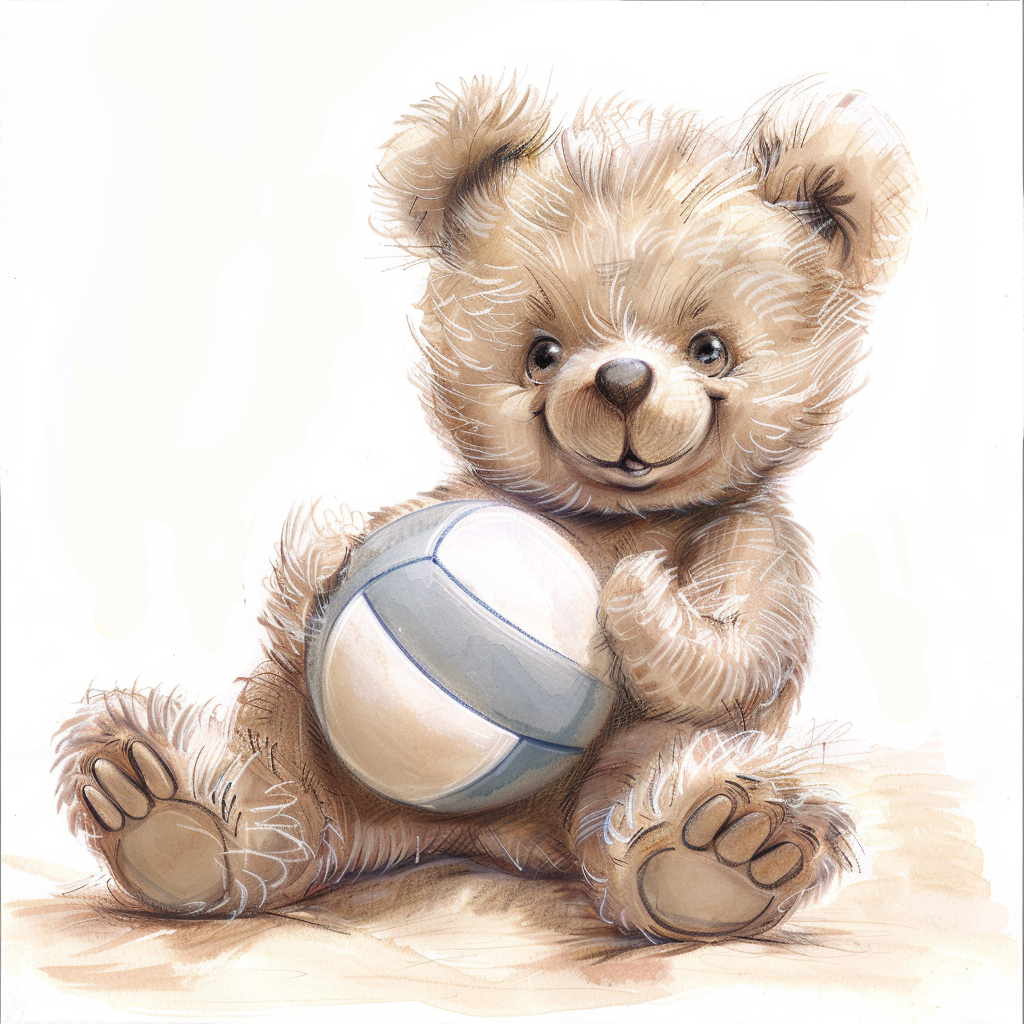 Smiling baby teddy bear playing volleyball