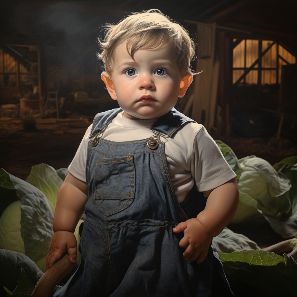 Baby in Apron on Farm