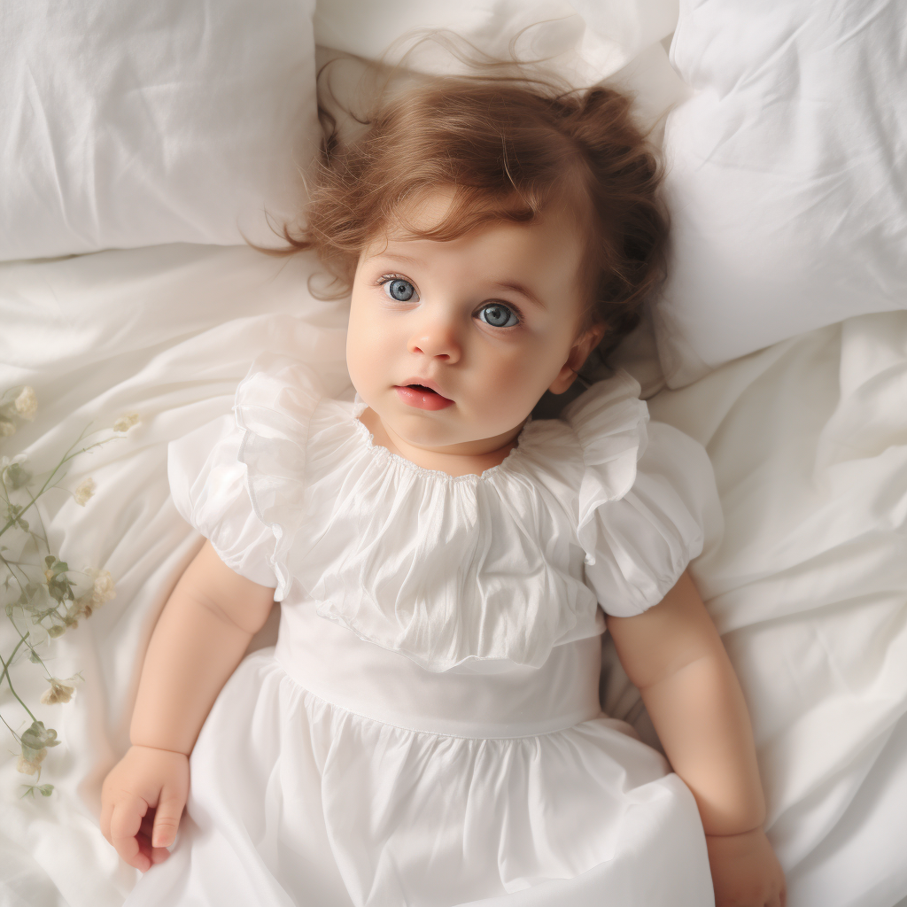 Adorable baby on white bed