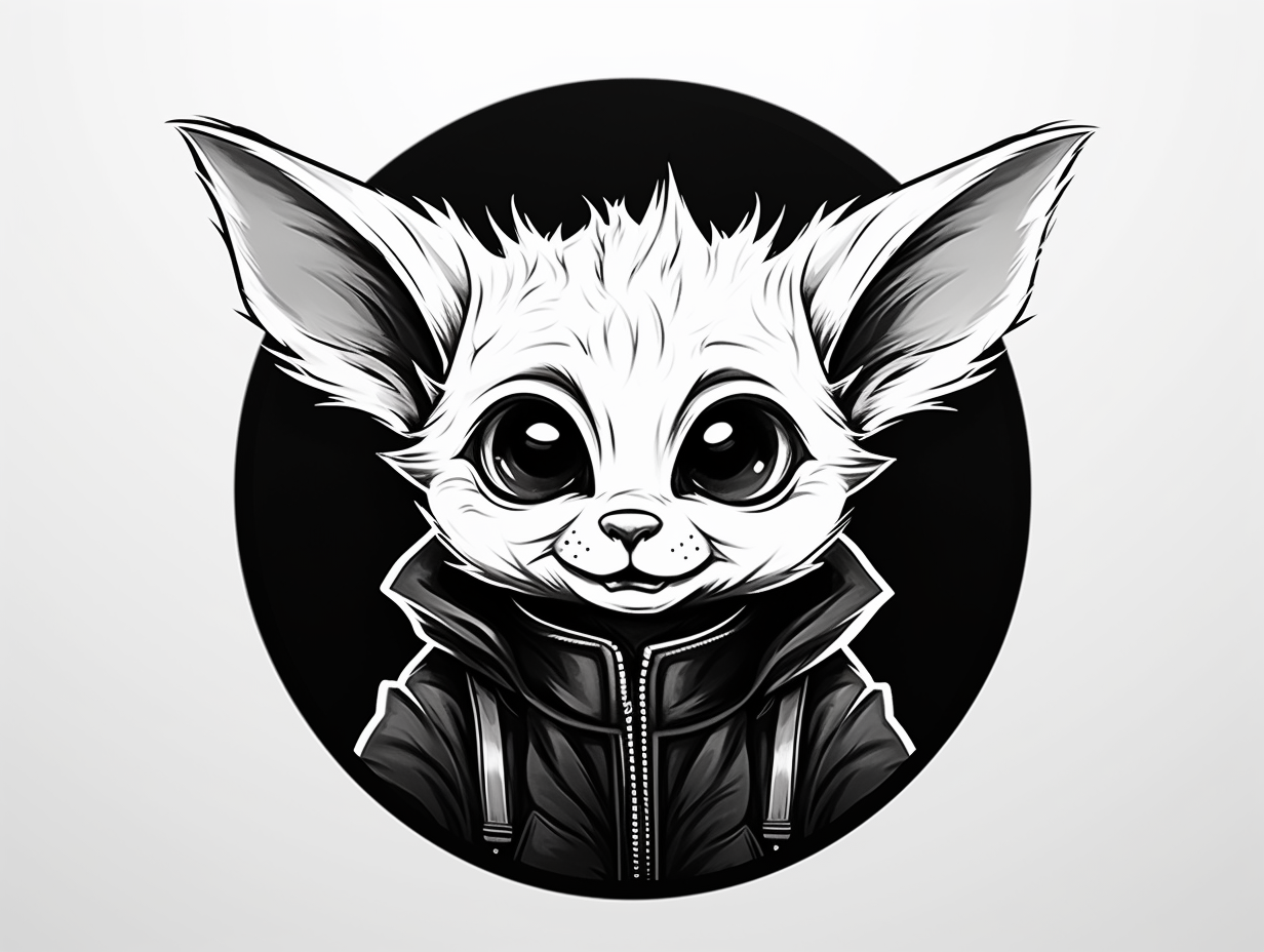 Black and white logo of mischievous Baby Yoda with cat's eyes