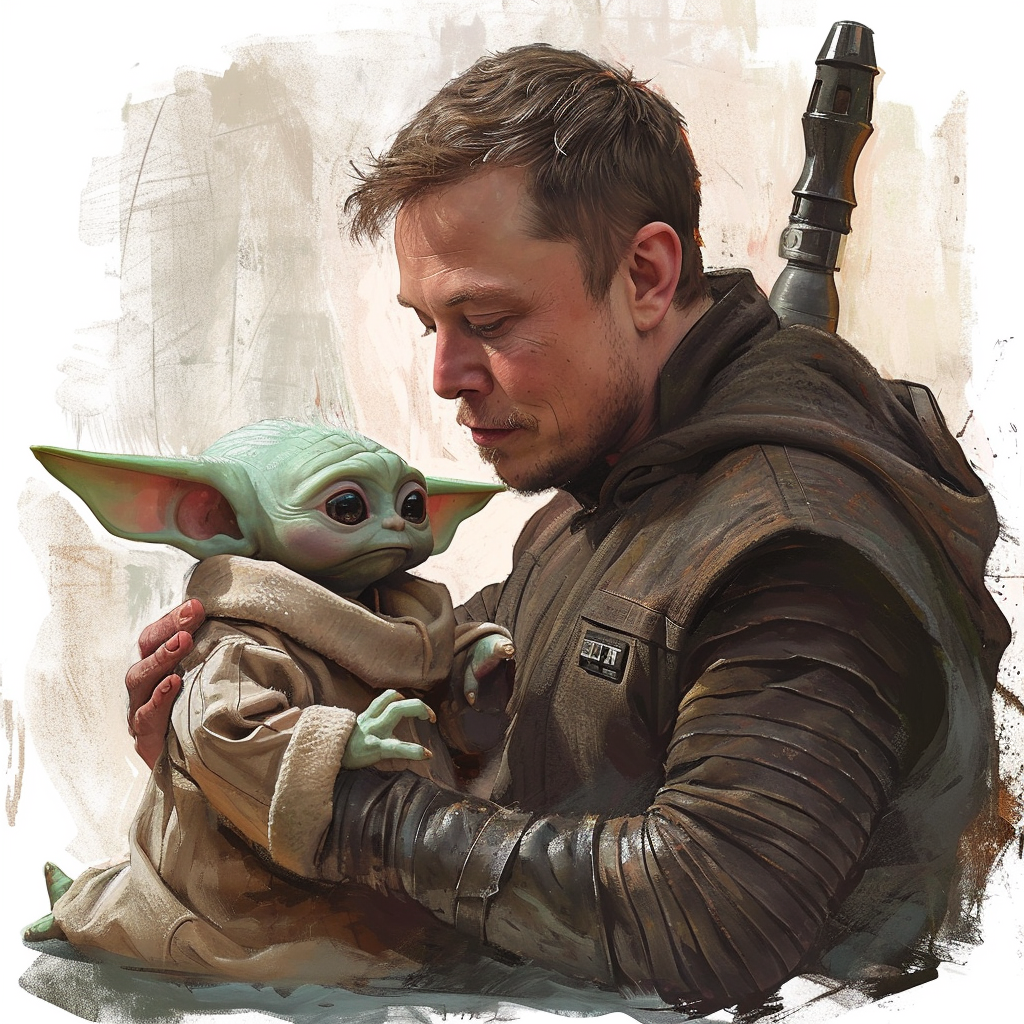 Adorable Baby Yoda giving tattoo to Elon Musk