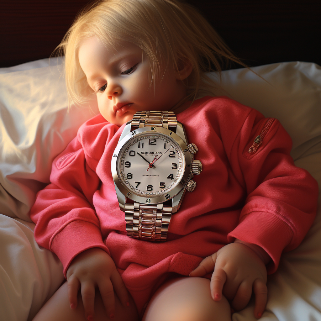 Adorable baby wearing Balenciaga onesie and Rolex watch