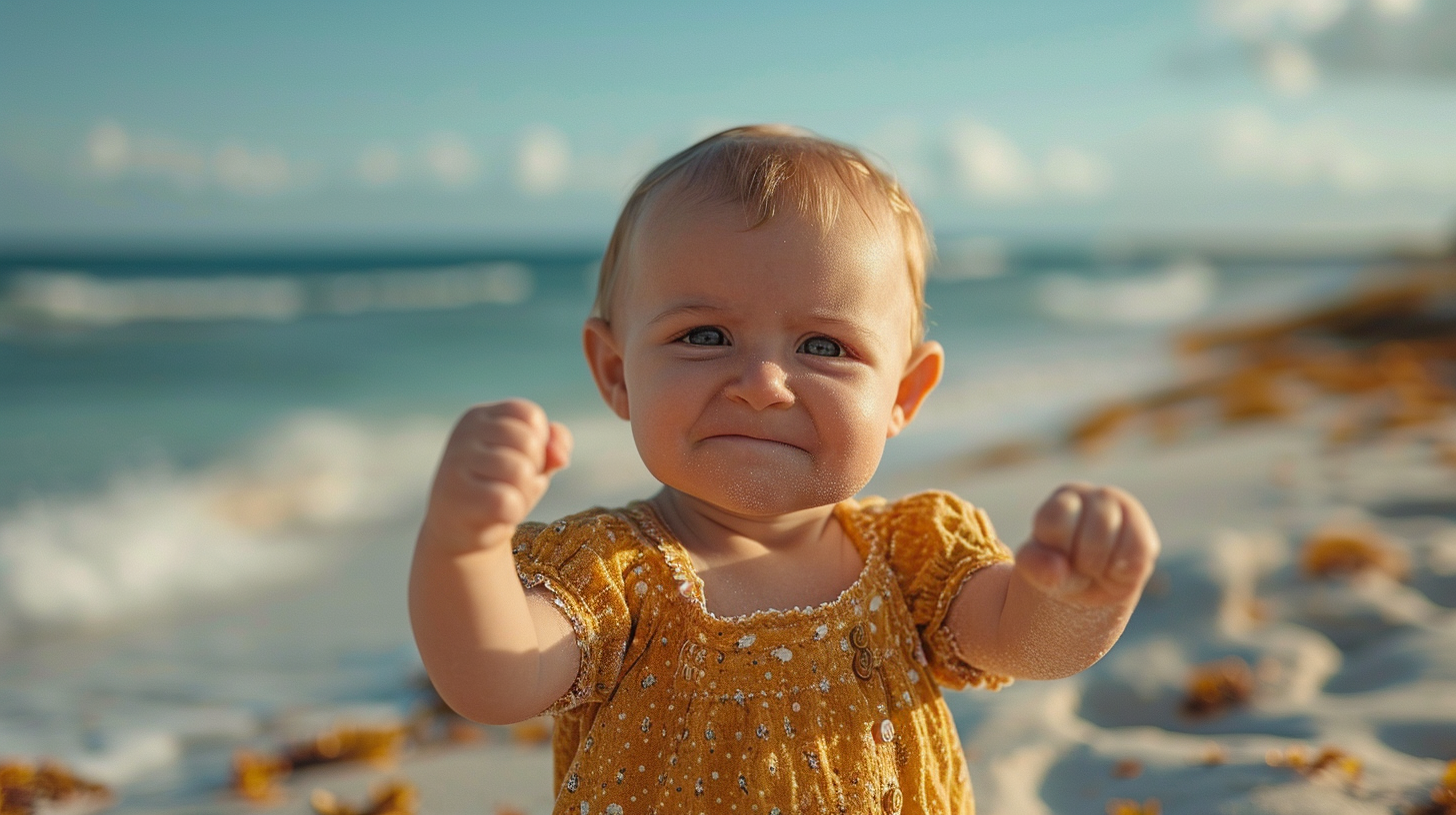 Baby on beach making face