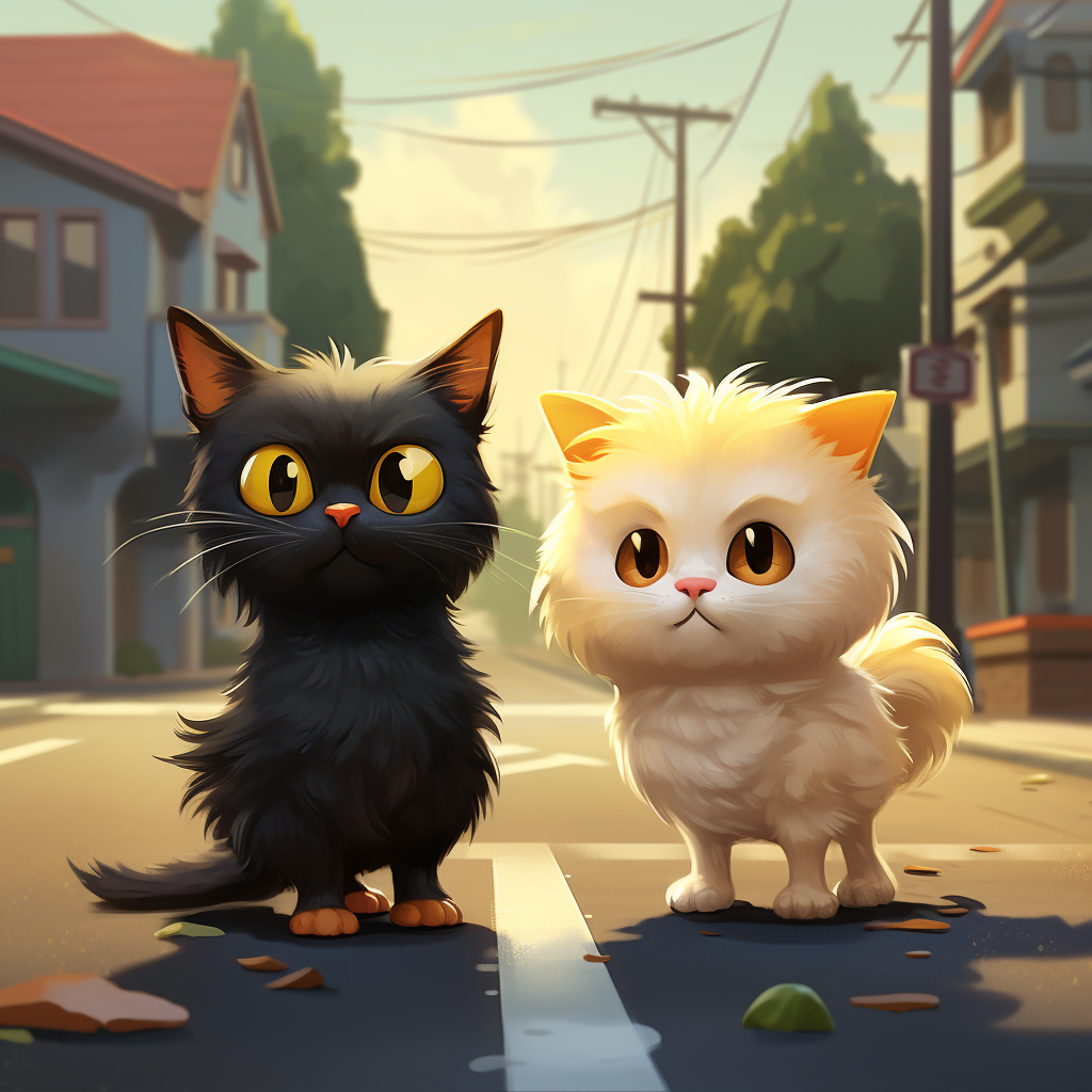 Animated baby chicken and cat on road