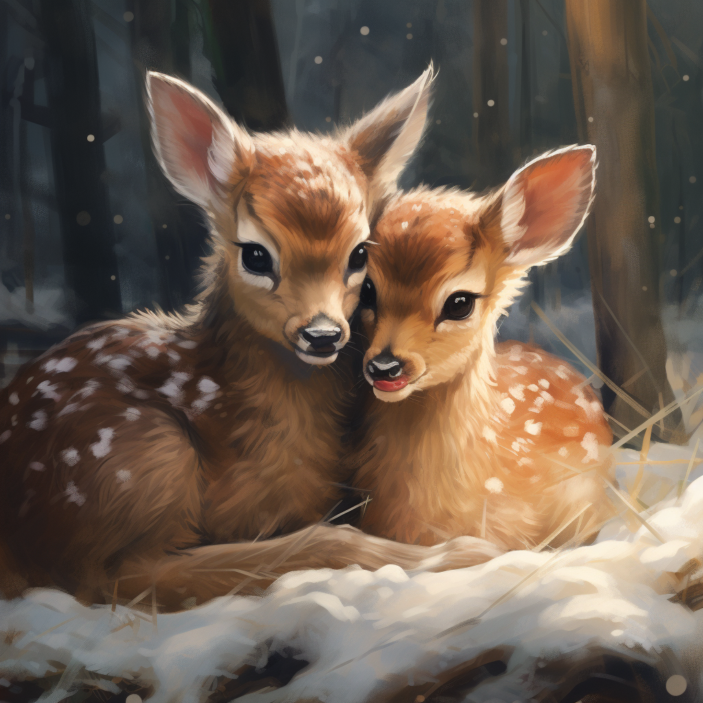 Two cute baby deers cuddling in Christmas painting