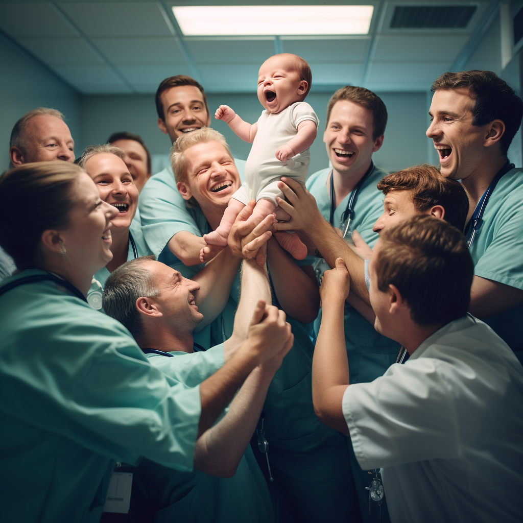 Happy baby surrounded by doctors and nurses