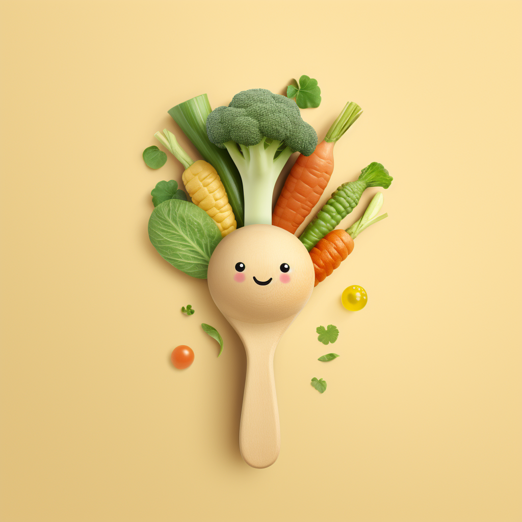 Baby with organic vegetables and wooden spoon