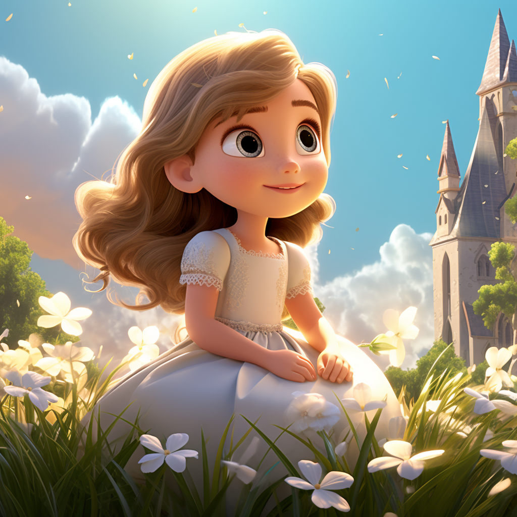 Cute baby girl in white dress surrounded by flowers