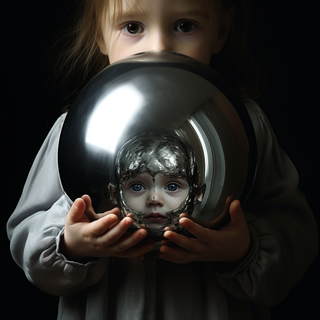 Cute baby with mirror sphere holding doll's head