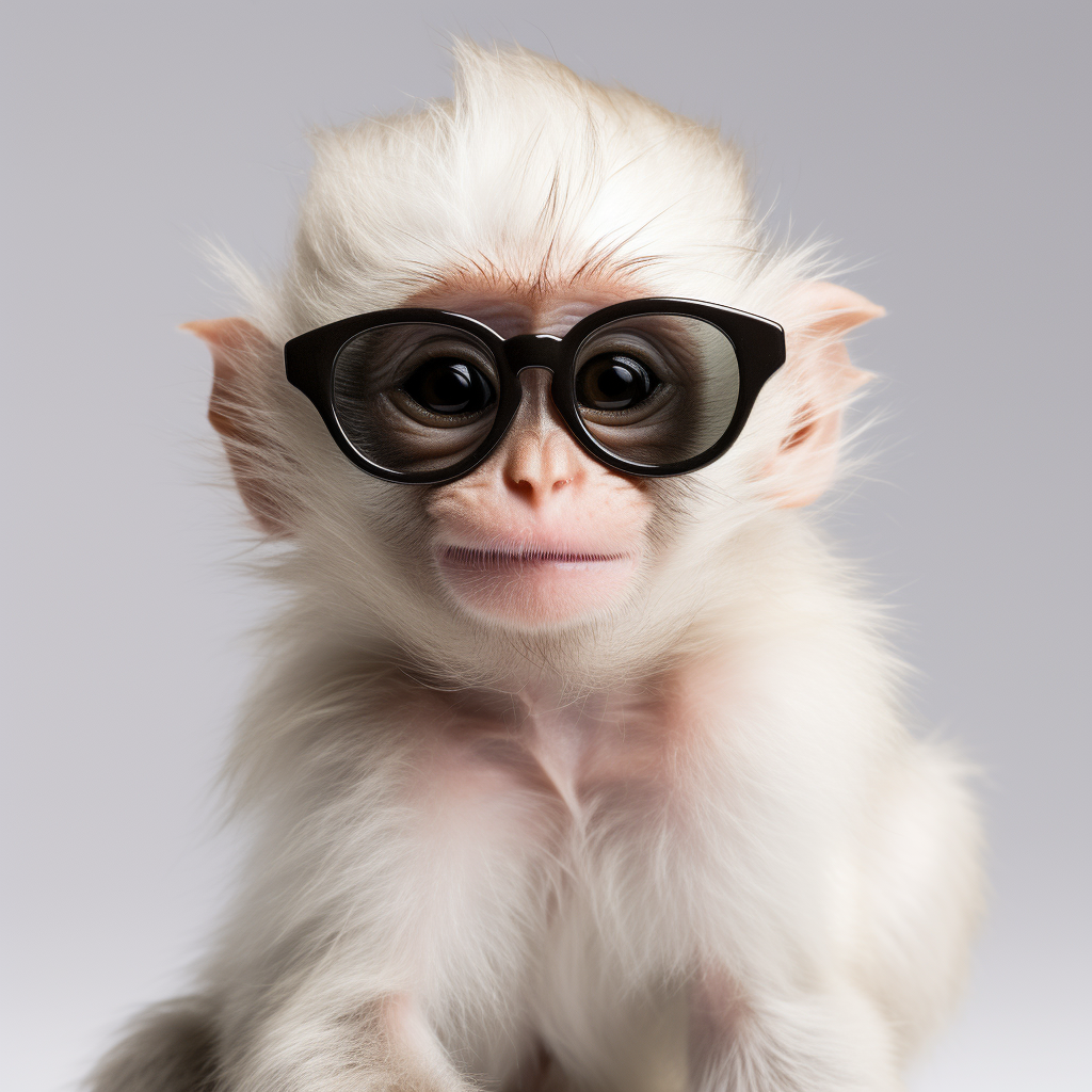 Baby monkey wearing sunglasses in white studio