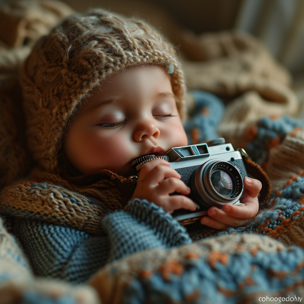 Adorable baby capturing memories with a photo camera