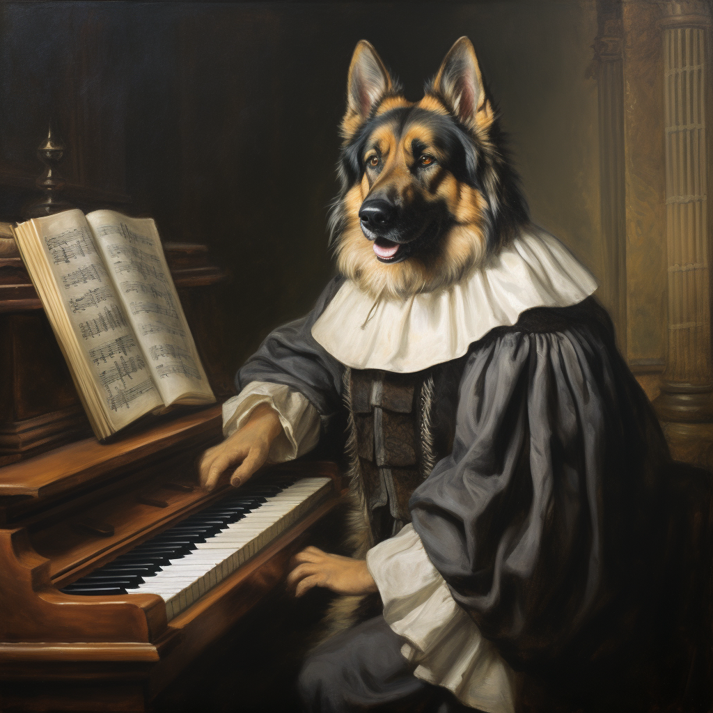 German Shepherd dressed as Bach